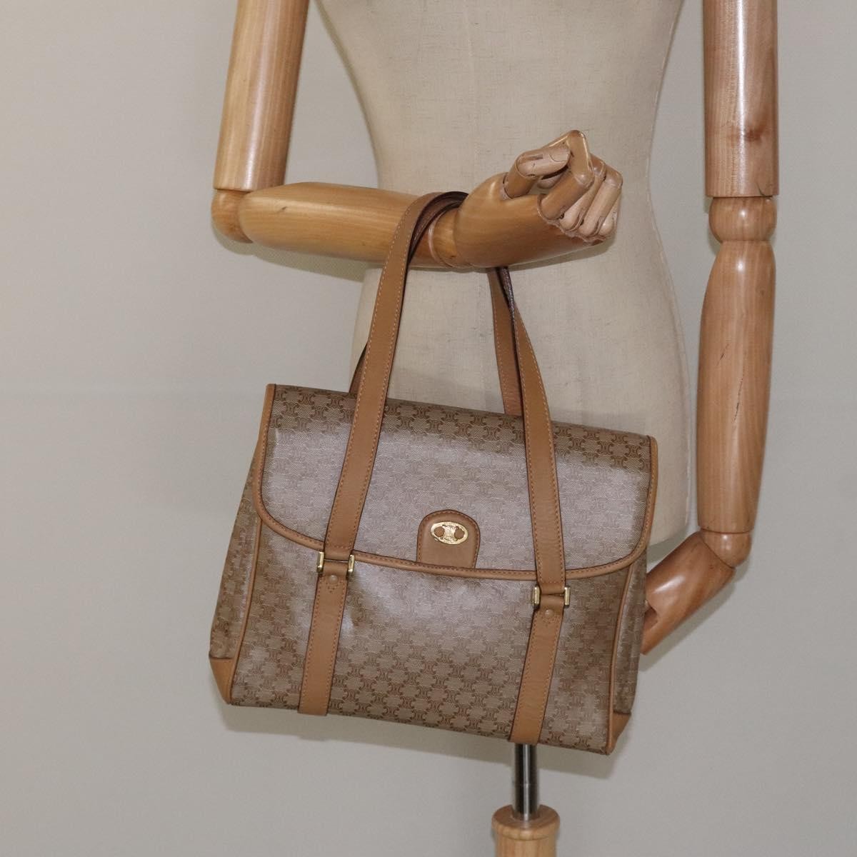 Celine Vintage Macadam Handbag Canvas and Leather, Beige, Canvas, Handbag