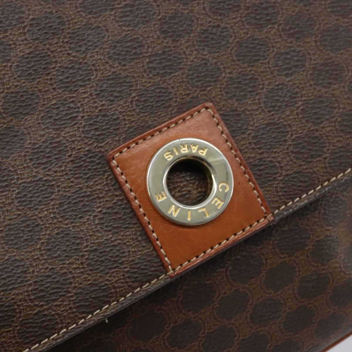 Celine Vintage Macadam Circle Logo Shoulder Bag Canvas and Leather, BROWN, CANVAS, Shoulder bag