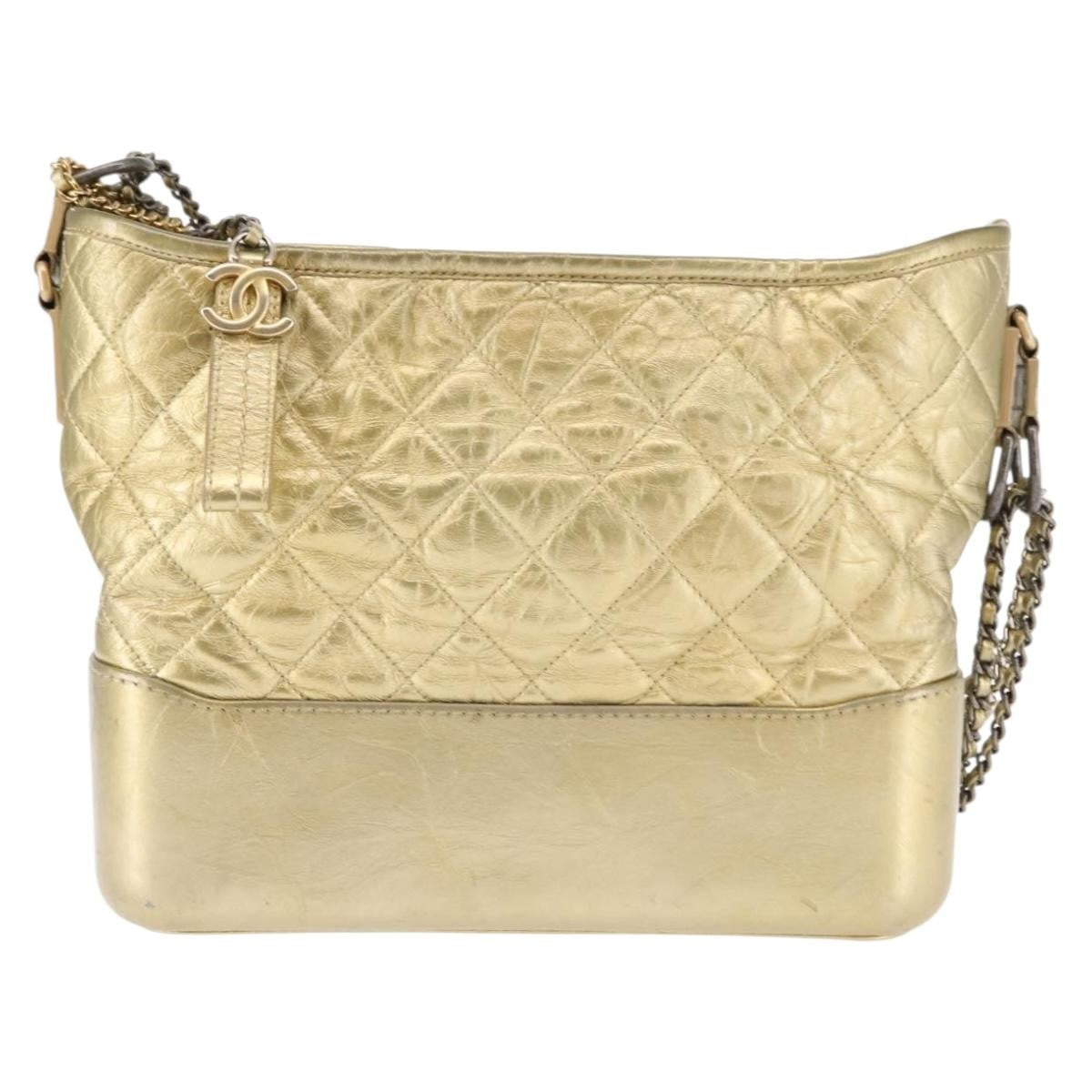 Chanel Gabrielle Hobo Quilted Metallic Aged Calfskin, GOLD, LEATHER, Shoulder bag