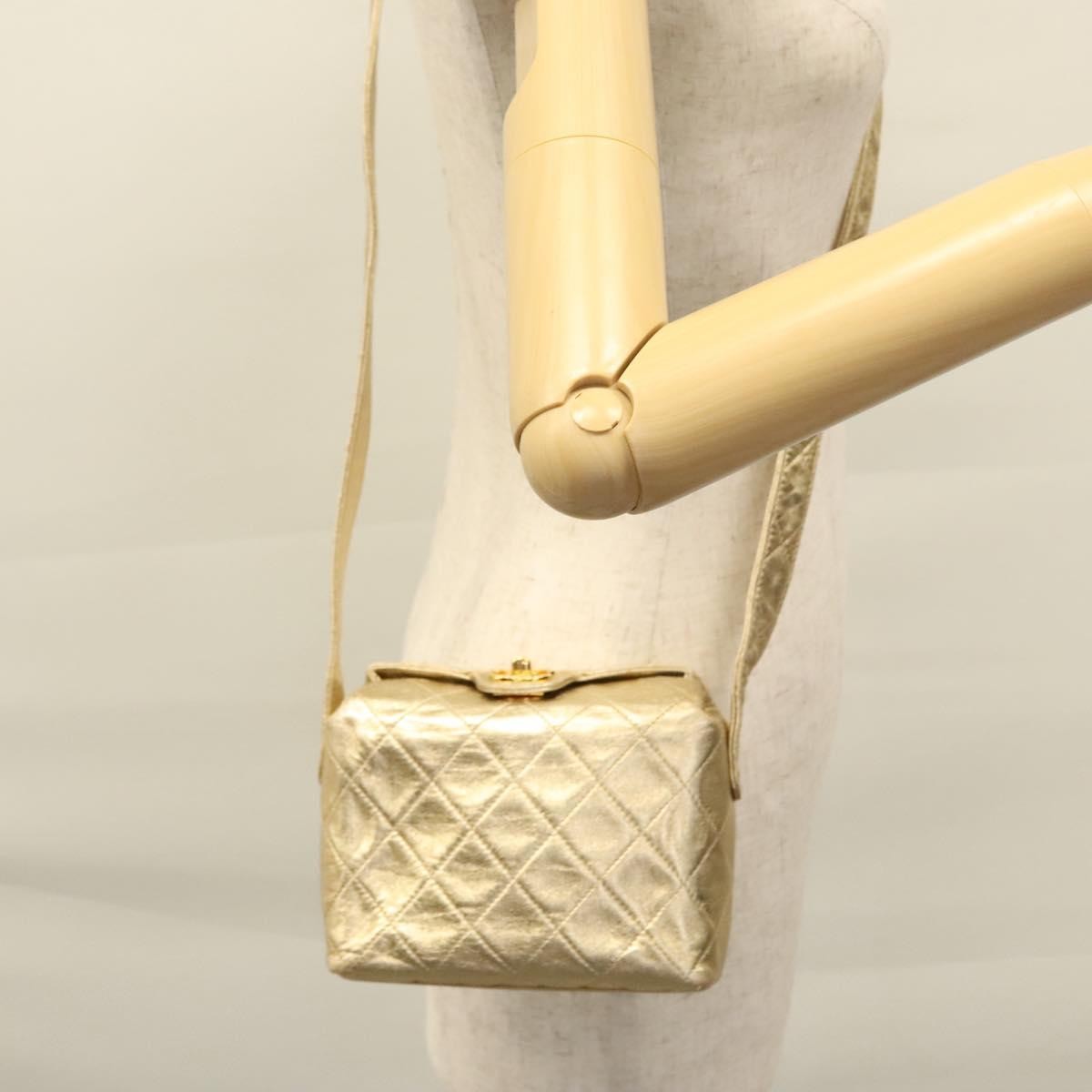 Chanel Vintage CC Fold Over Shoulder Bag Quilted Lambskin, GOLD, LEATHER, Shoulder bag