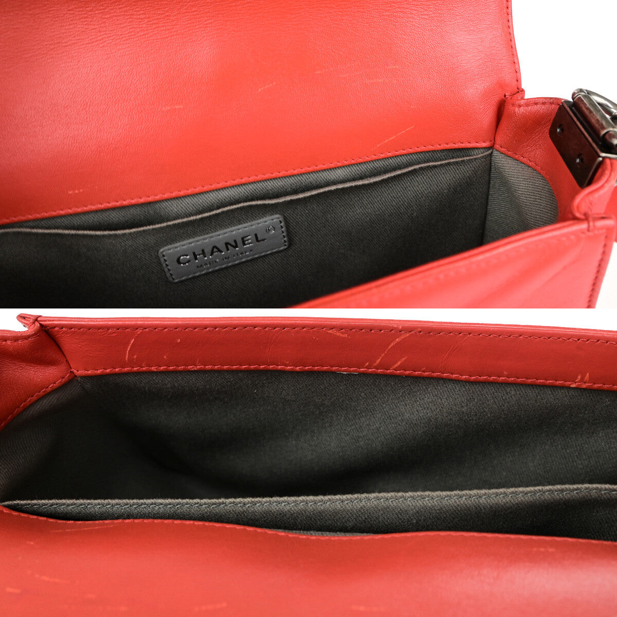 Chanel Boy Flap Bag with Strap Quilted Lambskin, RED, LEATHER, Shoulder bag