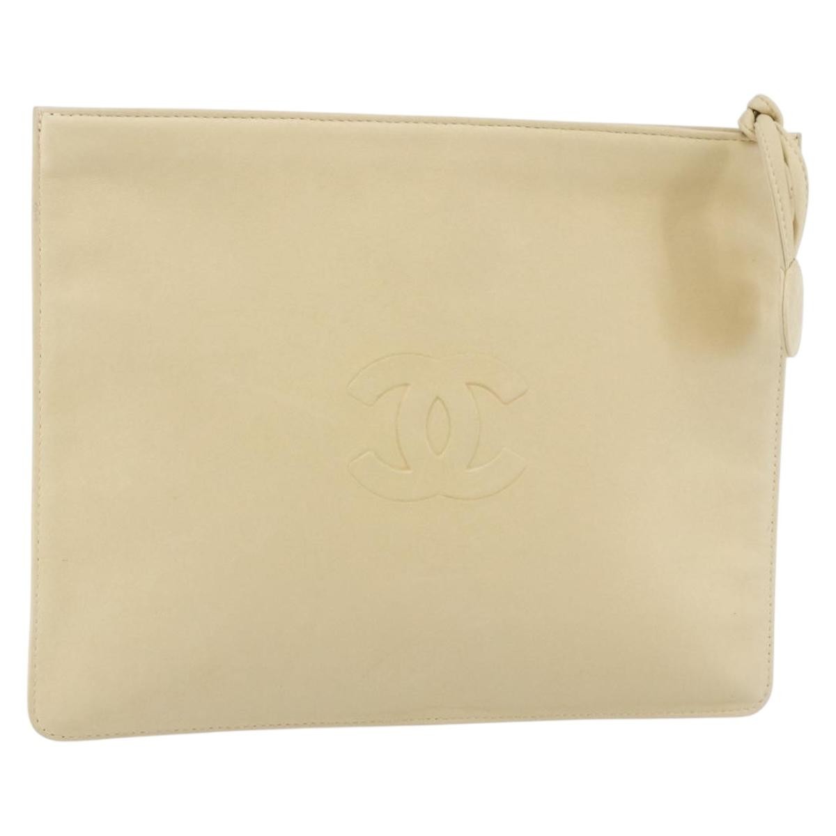 Chanel CC Pochette Quilted Caviar, BEIGE, LEATHER, Clutche & pouche