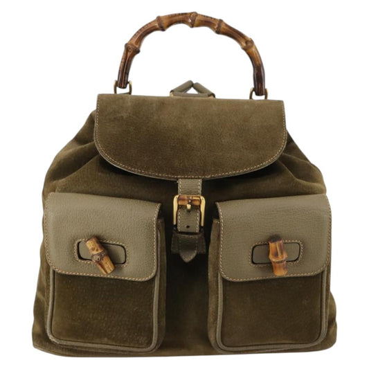 Gucci Vintage Bamboo Backpack Suede, KHAKI, SUEDE, Backpack