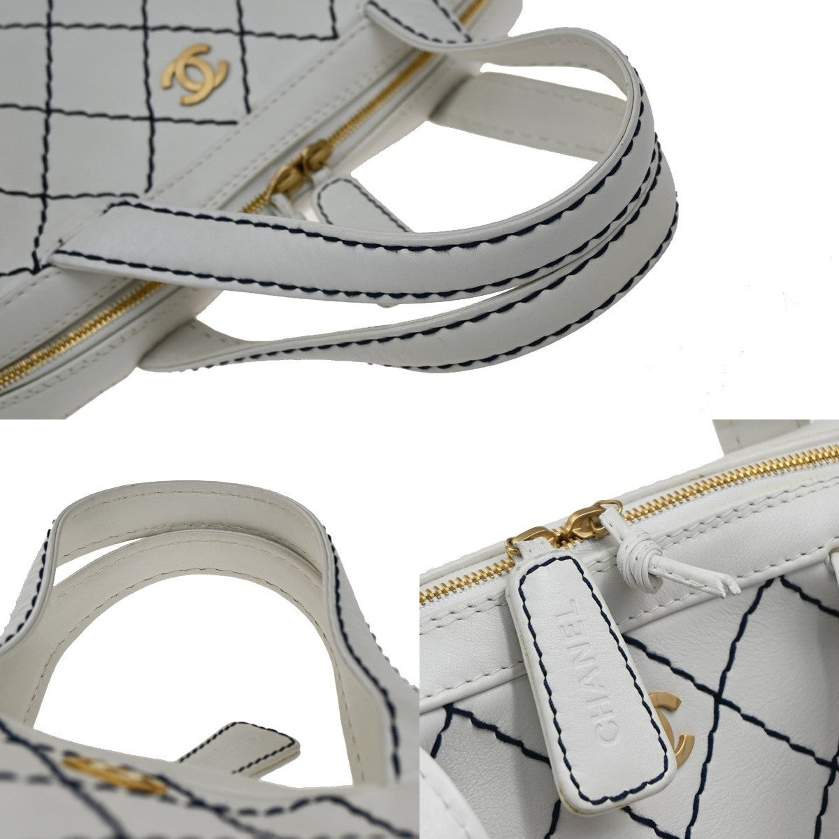 Chanel Surpique Zip Around Satchel Quilted Leather, WHITE, LEATHER, Handbag