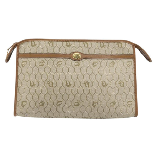 Christian Dior Vintage Honeycomb Zip Pouch Coated Canvas, Beige, Canvas, Clutch