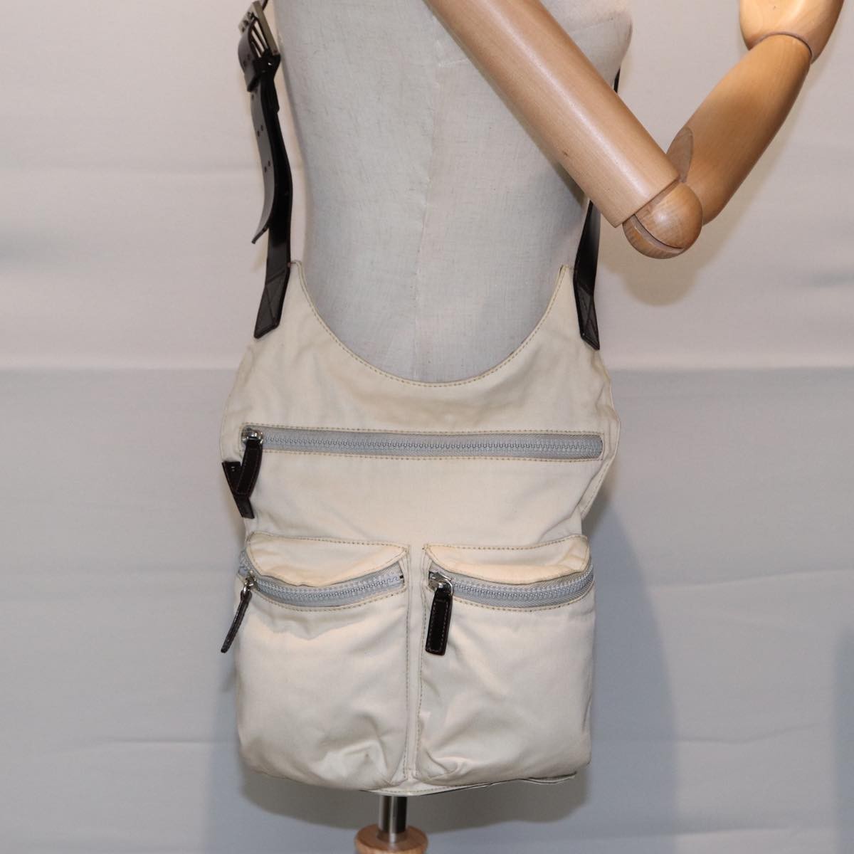 Fendi Vintage Double Pocket Zip Shoulder Bag Canvas, BEIGE, CANVAS, Shoulder bag