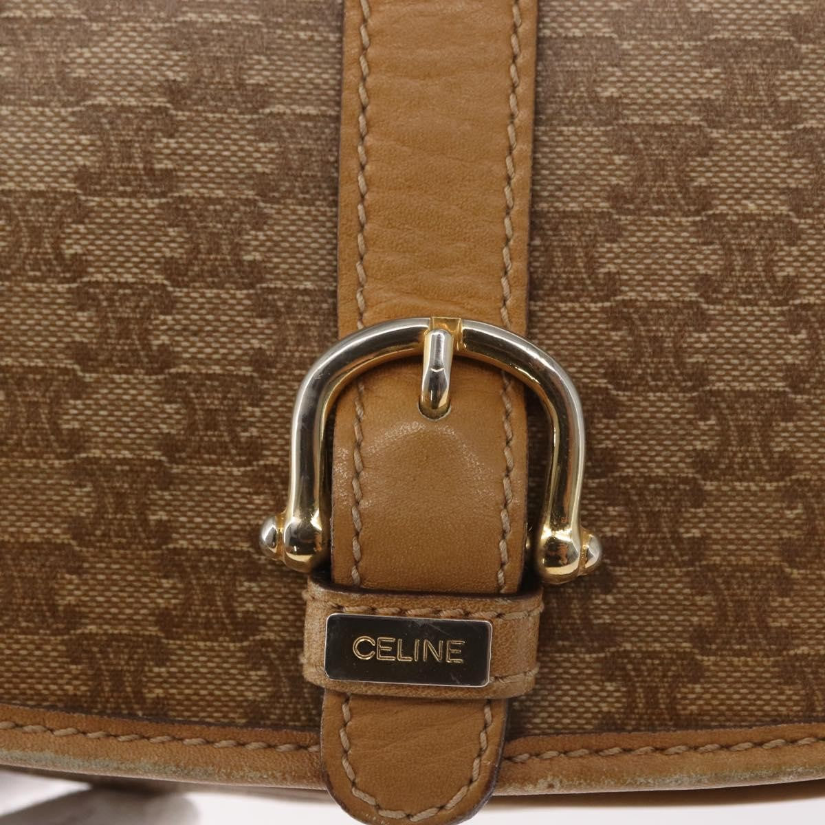 Celine Vintage Macadam Shoulder Bag Canvas and Leather, BEIGE, CANVAS, Shoulder bag