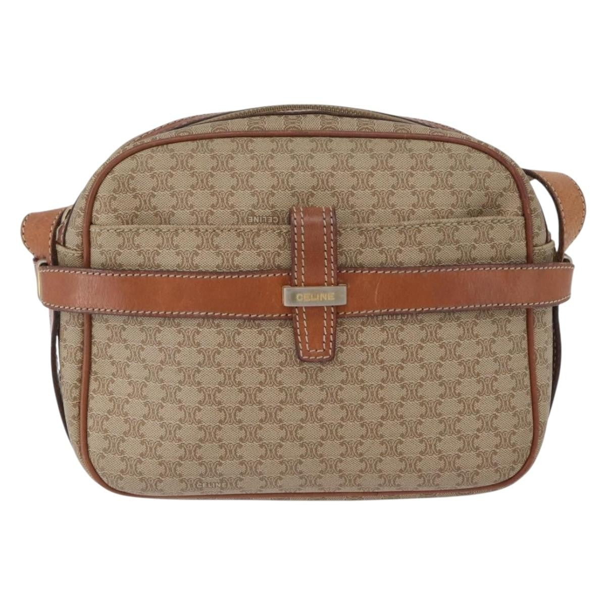 Celine Vintage Macadam Shoulder Bag Canvas and Leather, BEIGE, CANVAS, Shoulder bag