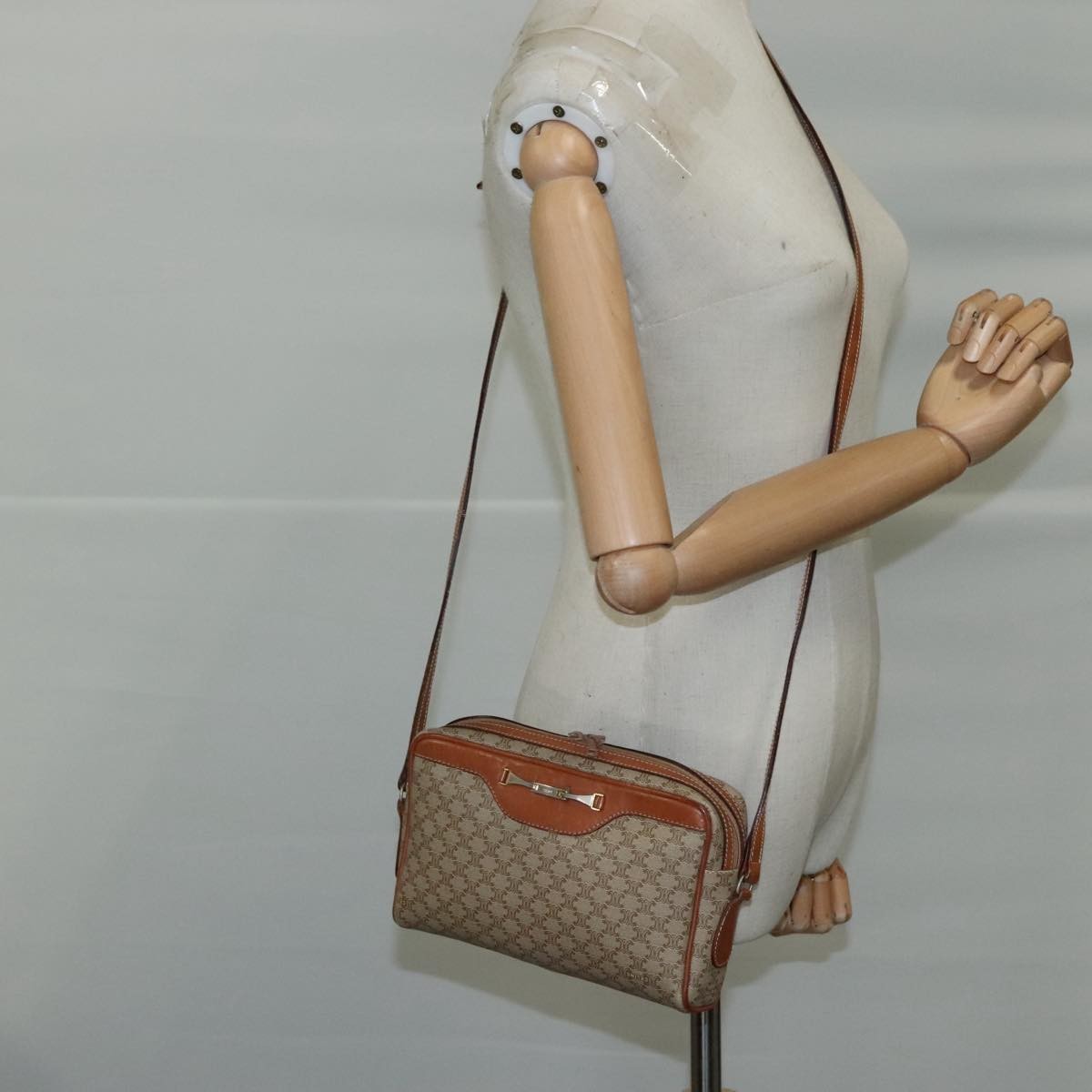 Celine Vintage Macadam Shoulder Bag Canvas and Leather, Beige, Canvas, Shoulder Bag