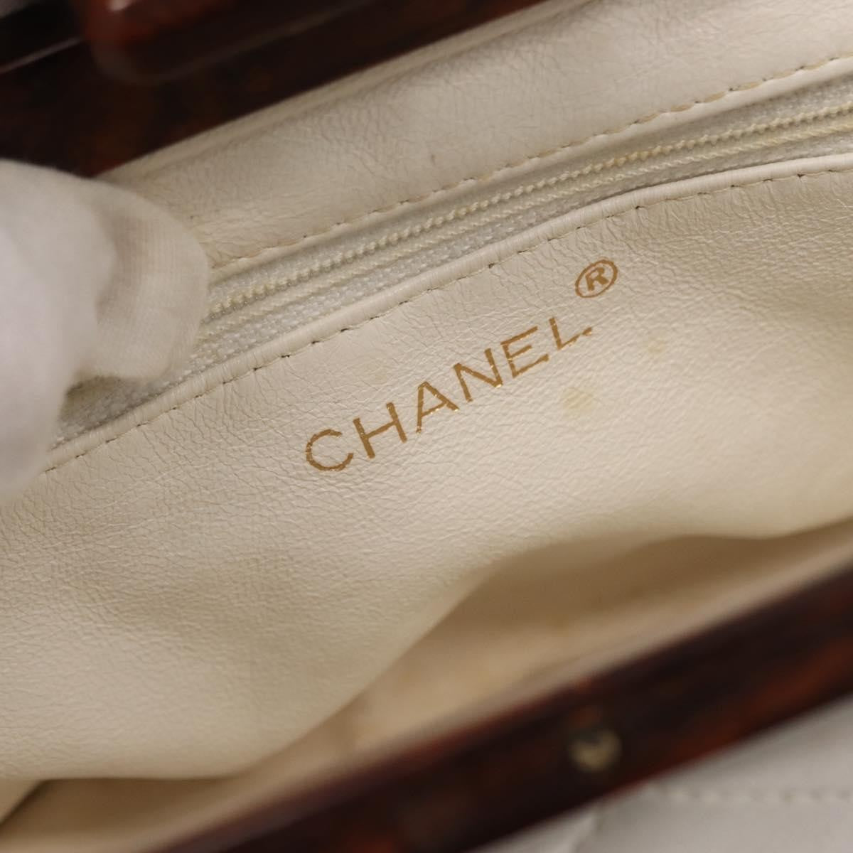 Chanel Wooden Frame Striped Shoulder Bag Leather, WHITE, LEATHER, Shoulder bag