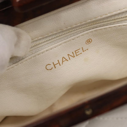 Chanel Wooden Frame Striped Shoulder Bag Leather, WHITE, LEATHER, Shoulder bag