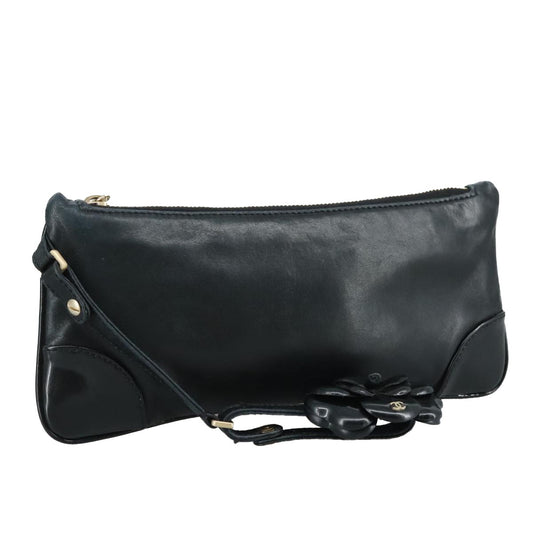Chanel Vintage Camellia CC Wristlet Clutch Lambskin with Patent, BLACK, LEATHER, Clutche & pouche