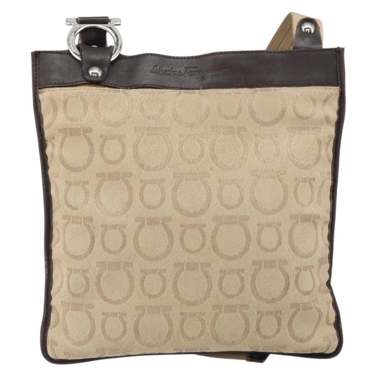 Salvatore Ferragamo Gancini Shoulder Bag Canvas, BEIGE, CANVAS, Shoulder bag