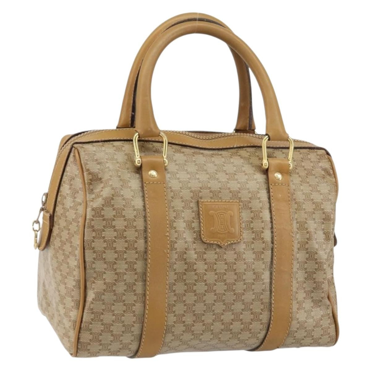 Celine Vintage Macadam Handbag Canvas and Leather, BEIGE, CANVAS, Handbag
