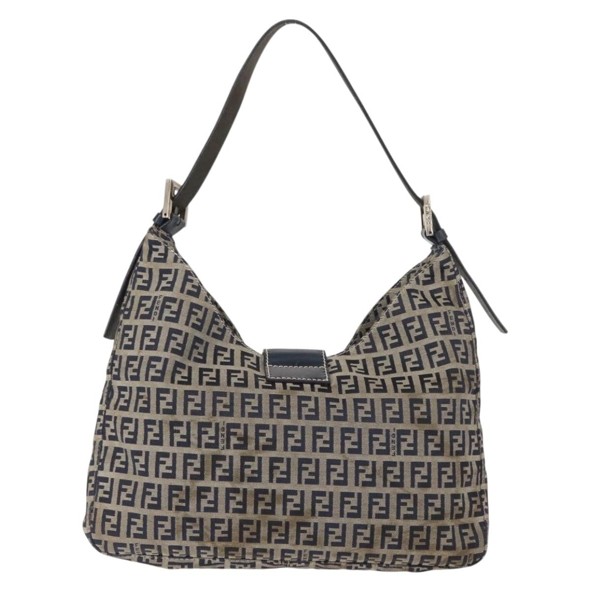 Fendi Belted Flap Shoulder Bag Zucchino Coated Canvas, NAVY, CANVAS, Shoulder bag