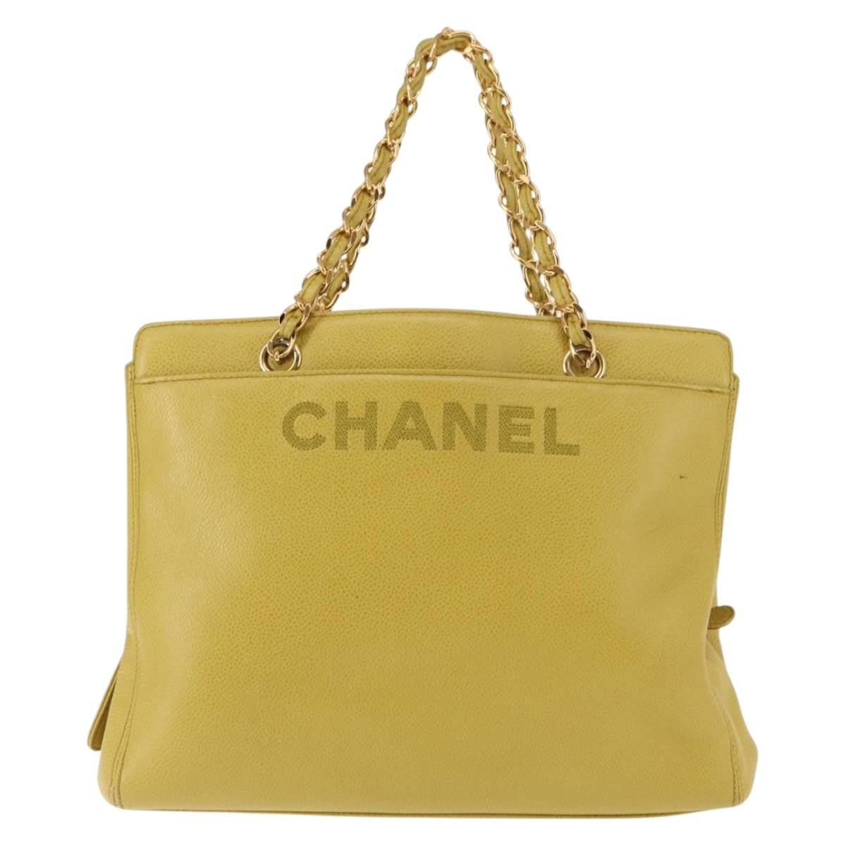 Chanel Vintage Logo Chain Shoulder Bag Caviar, YELLOW, LEATHER, Shoulder bag