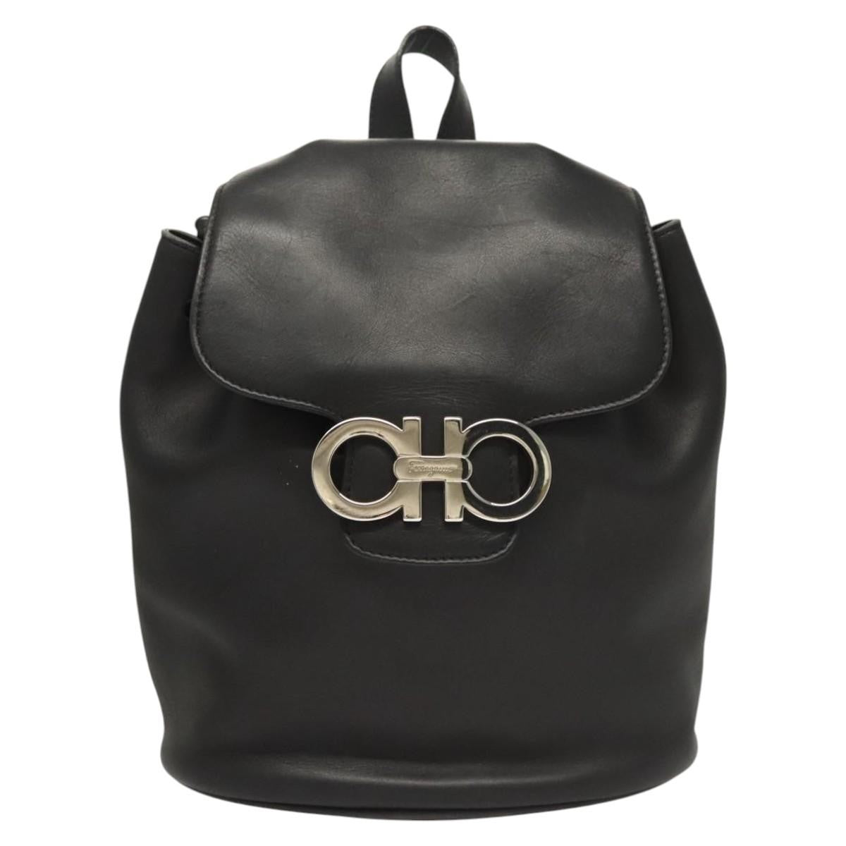 Salvatore Ferragamo Gancini Flap Drawstring Backpack Leather, BLACK, LEATHER, Backpack