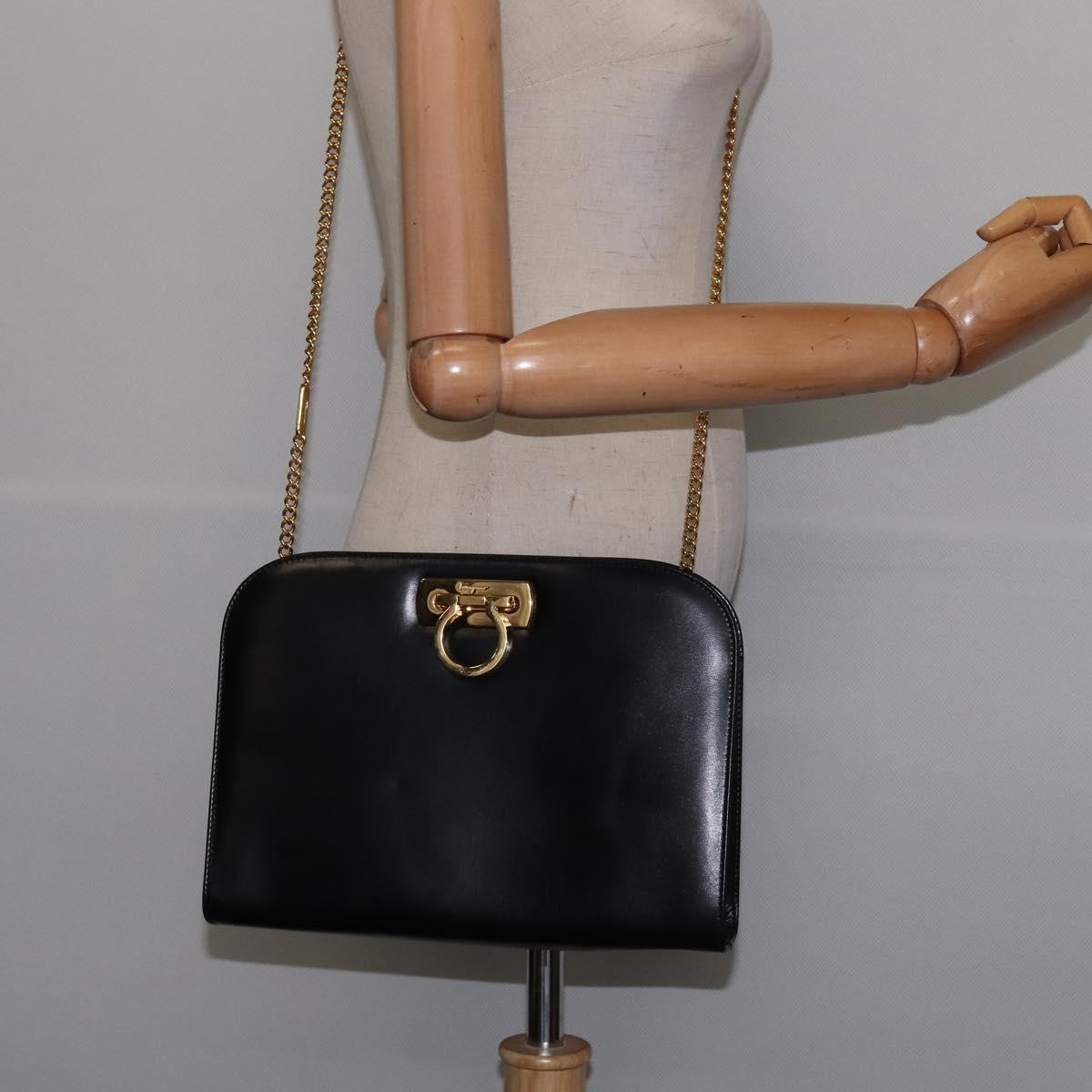 Salvatore Ferragamo Vintage Gancini Chain Shoulder Bag Leather, BLACK, LEATHER, Shoulder bag