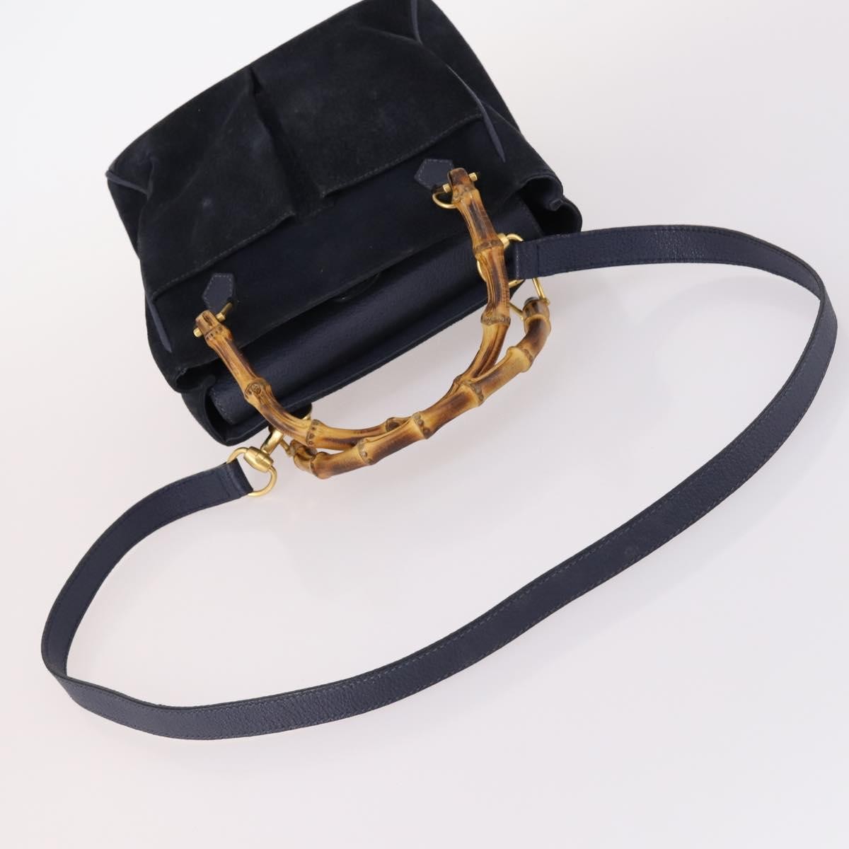 Gucci Vintage Bamboo Front Pocket Tote Suede, NAVY, SUEDE, Handbag