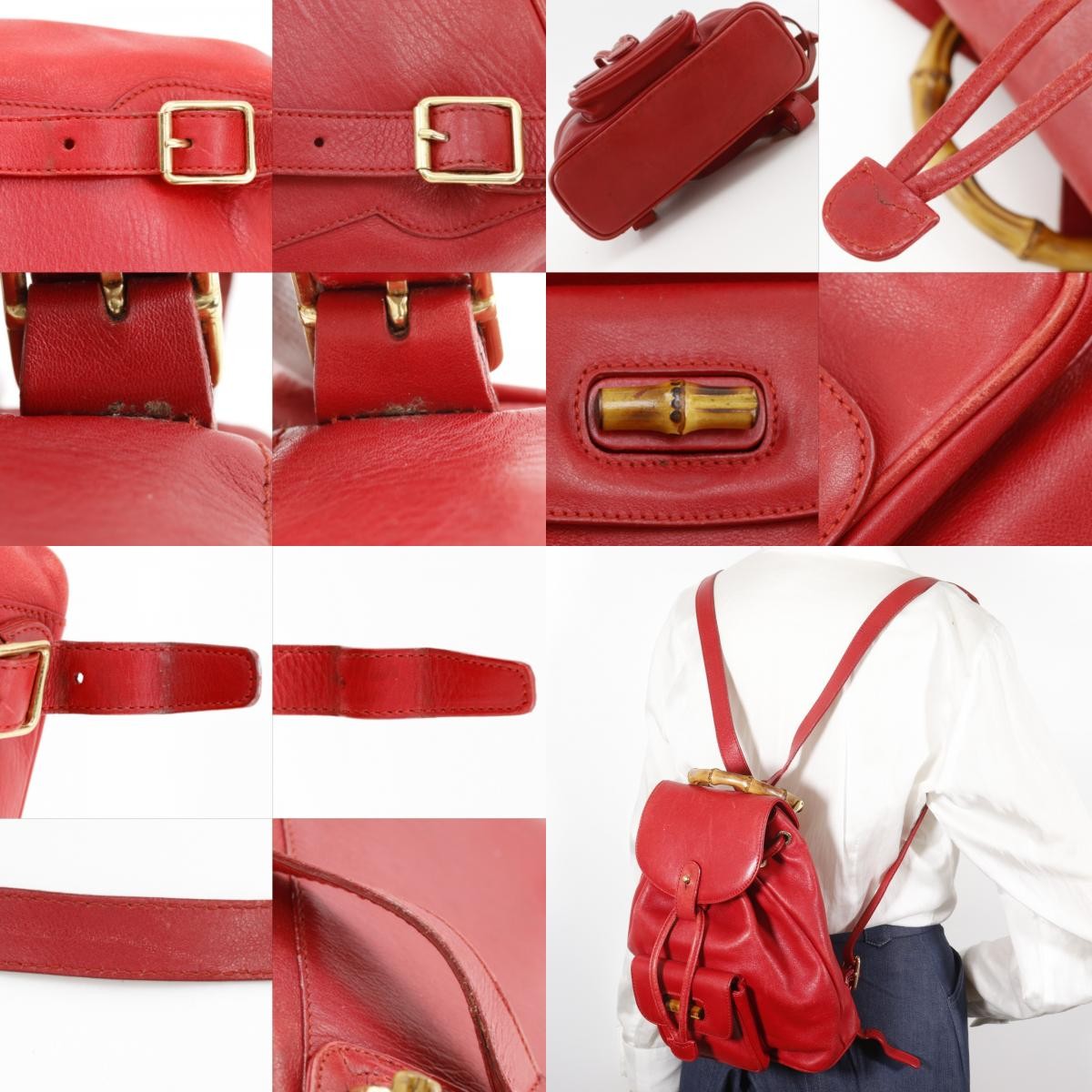 Gucci Vintage Bamboo Backpack Leather, Red, Leather, Backpack