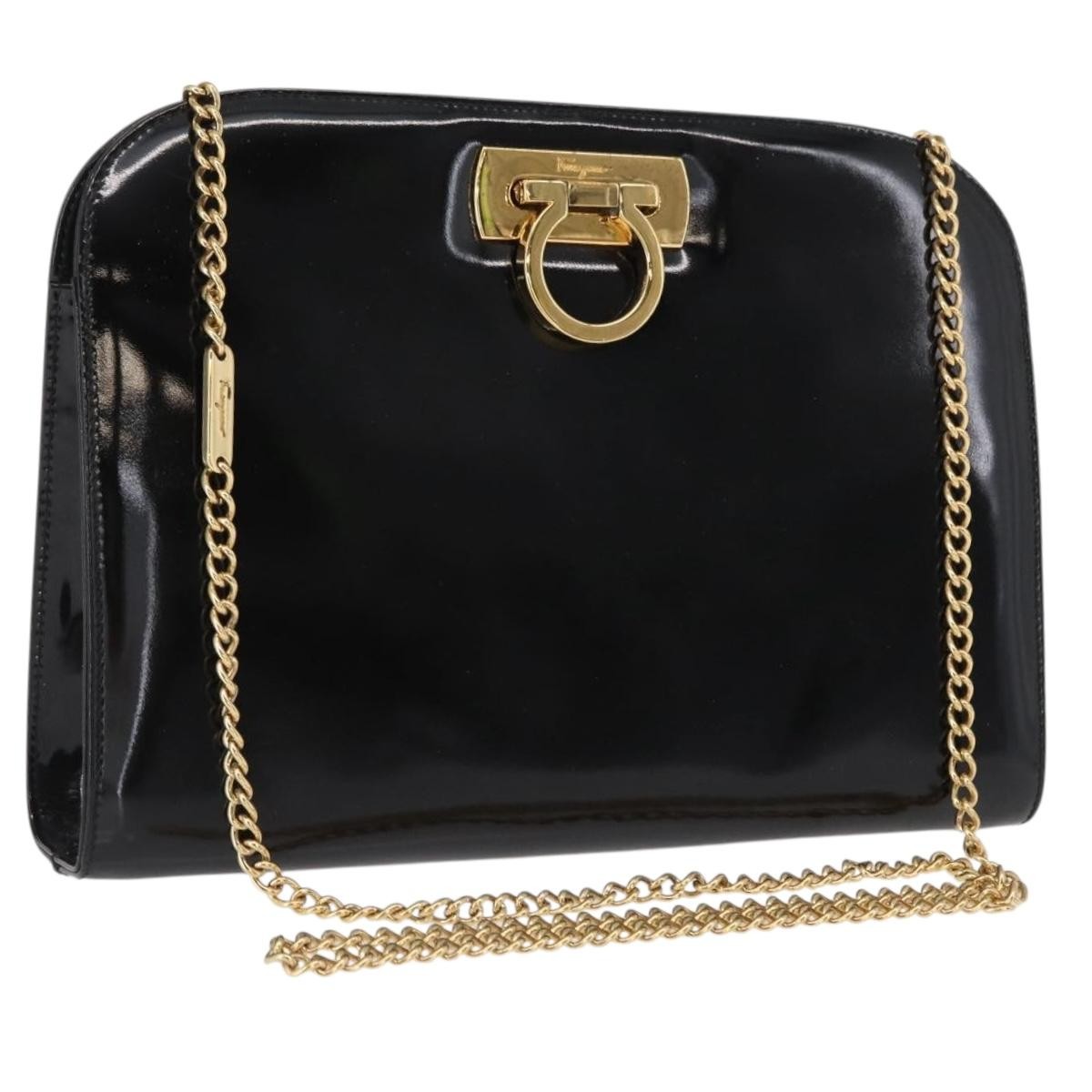 Salvatore Ferragamo Vintage Gancini Chain Shoulder Bag Patent Leather, BLACK, PATENT_LEATHER, Shoulder bag