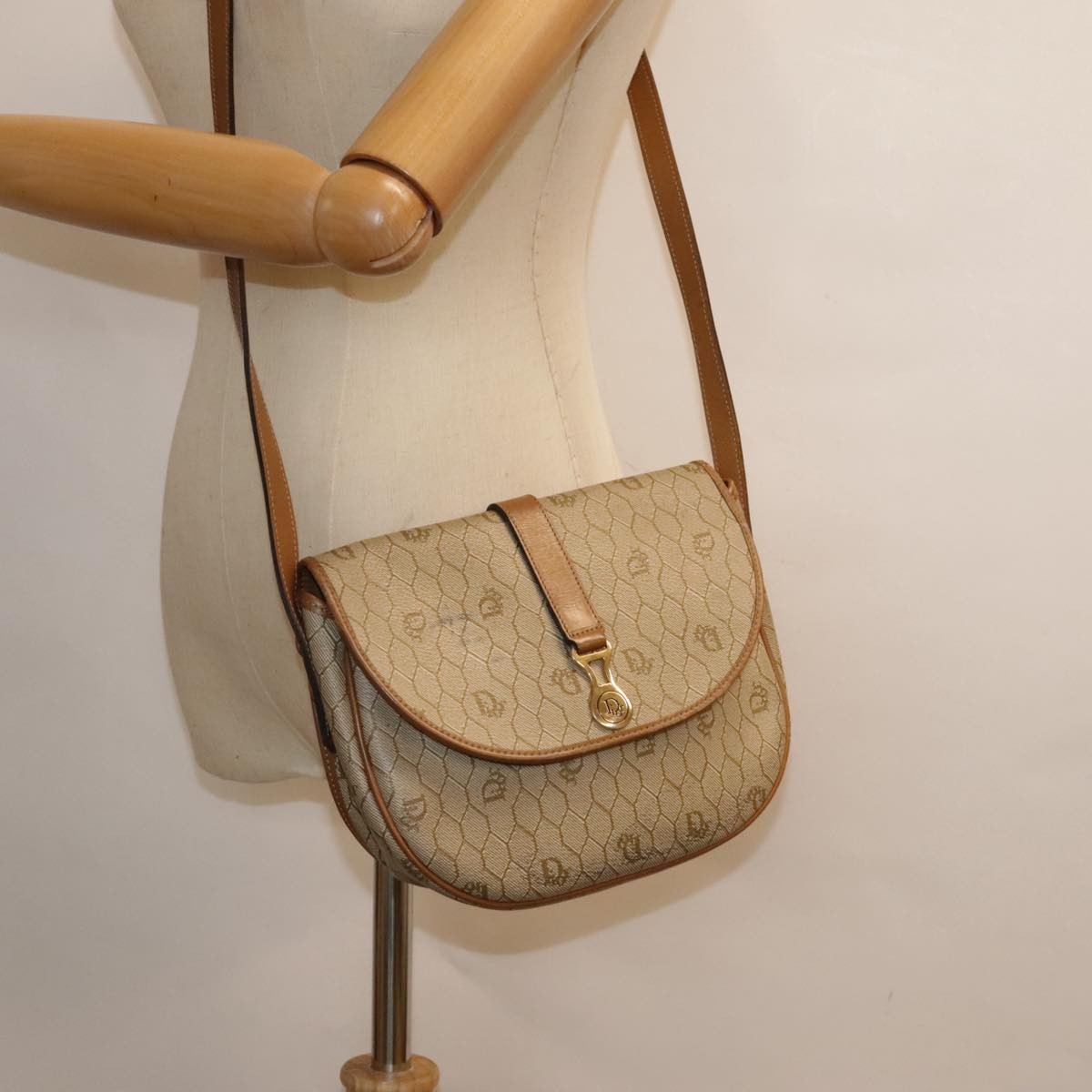 Christian Dior Vintage Honeycomb Flap Crossbody Bag Coated Canvas, BEIGE, CANVAS, Crossbody bag
