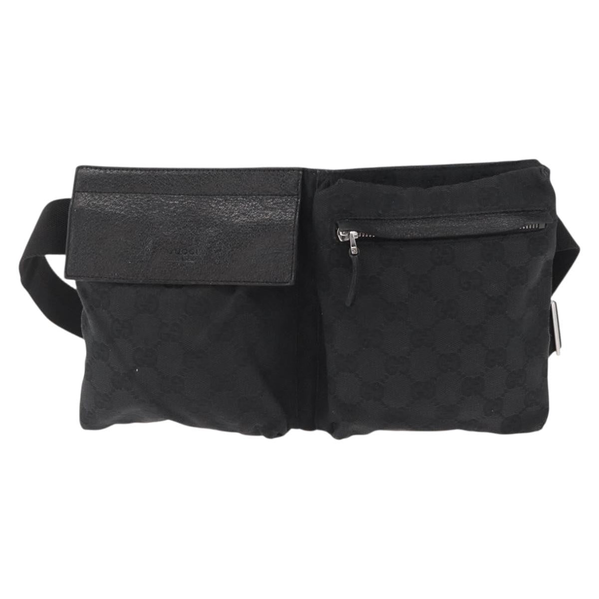 Gucci Vintage Double Belt Bag GG Canvas with Leather, BLACK, CANVAS, Clutche & pouche
