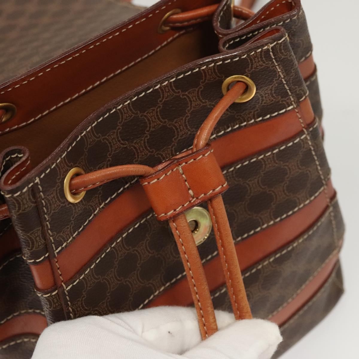 Celine Vintage Drawstring Flap Backpack Macadam Coated Canvas, BROWN, CANVAS, Backpack