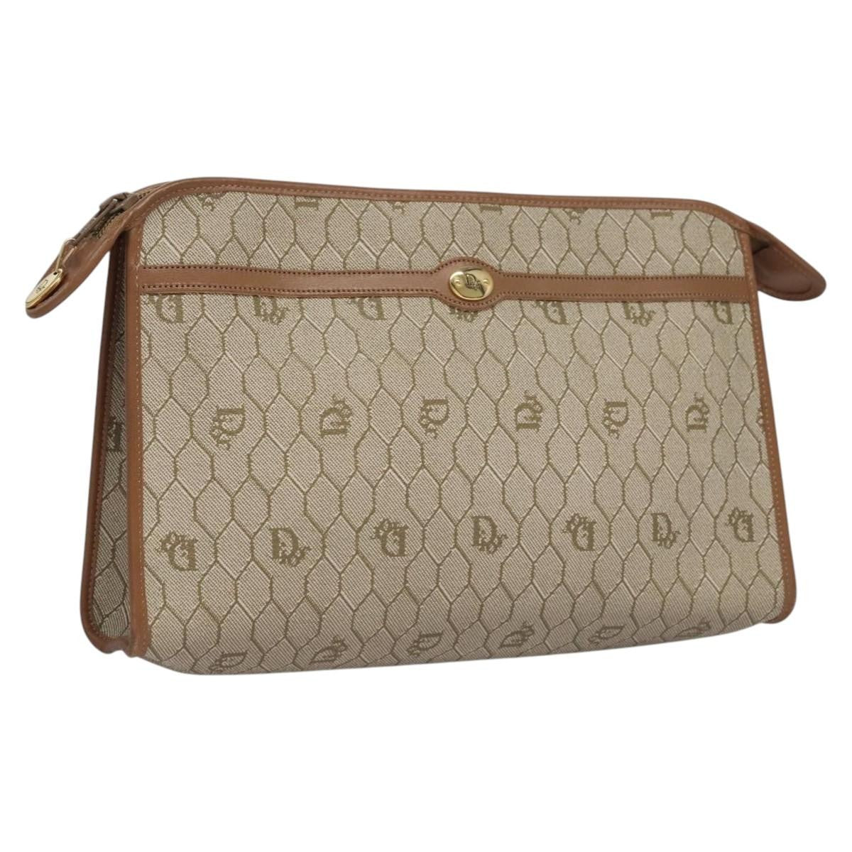 Christian Dior Vintage Honeycomb Zip Pouch Coated Canvas, BEIGE, PVC, Clutche & pouche