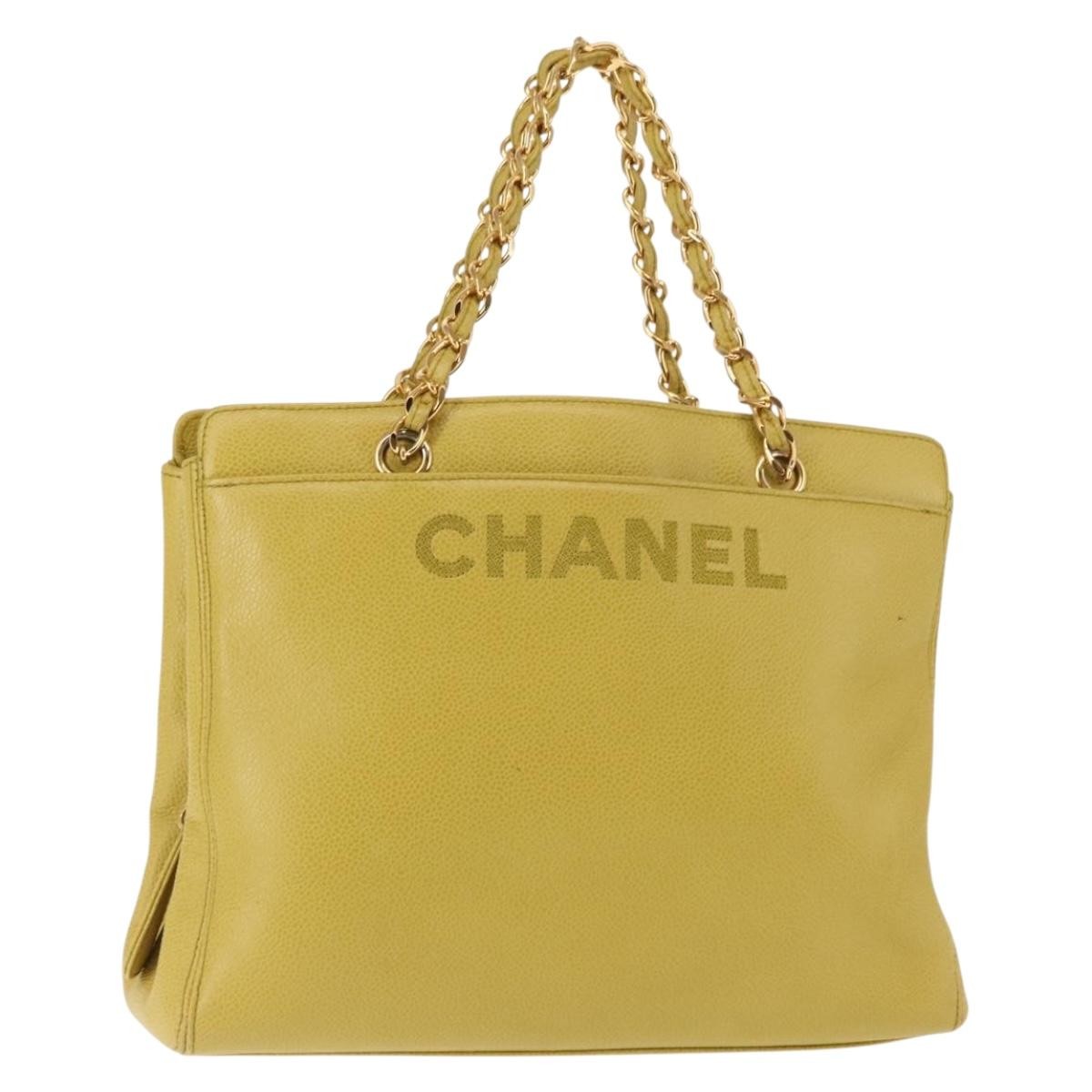 Chanel Vintage Logo Chain Shoulder Bag Caviar, YELLOW, LEATHER, Shoulder bag