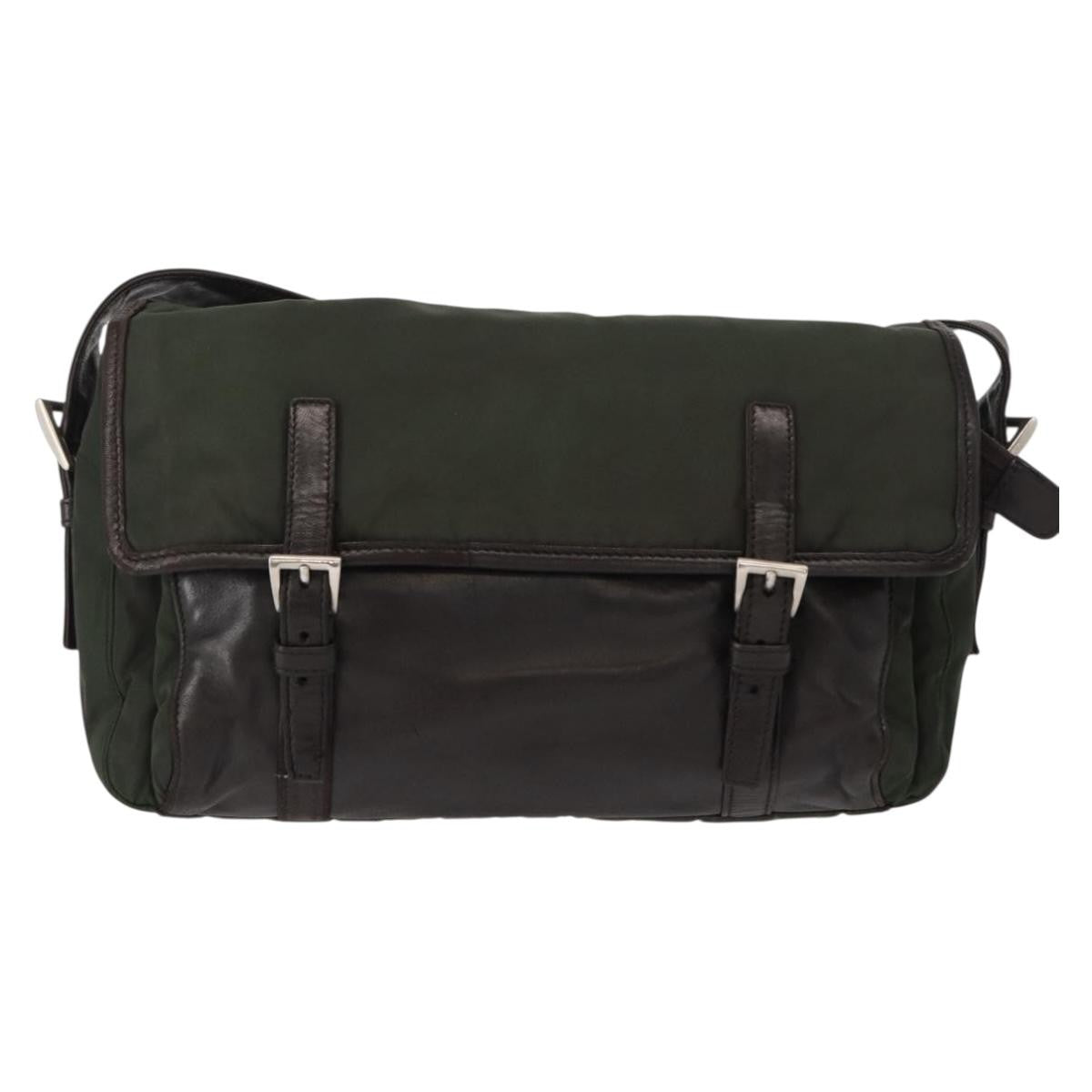 Prada Double Buckle Flap Messenger Bag Tessuto, Khaki, Nylon, Shoulder Bag