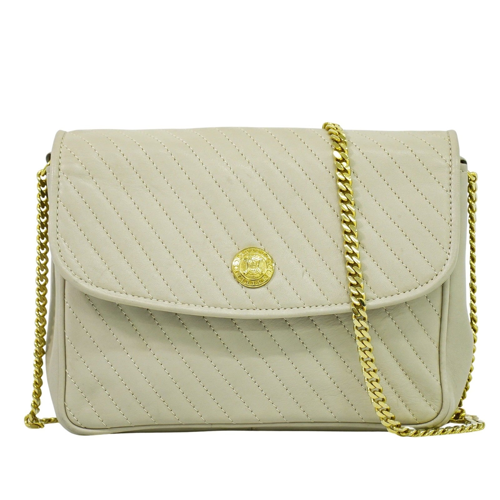 Celine Vintage Flap Shoulder Bag Quilted Leather, BEIGE, LEATHER, Shoulder bag