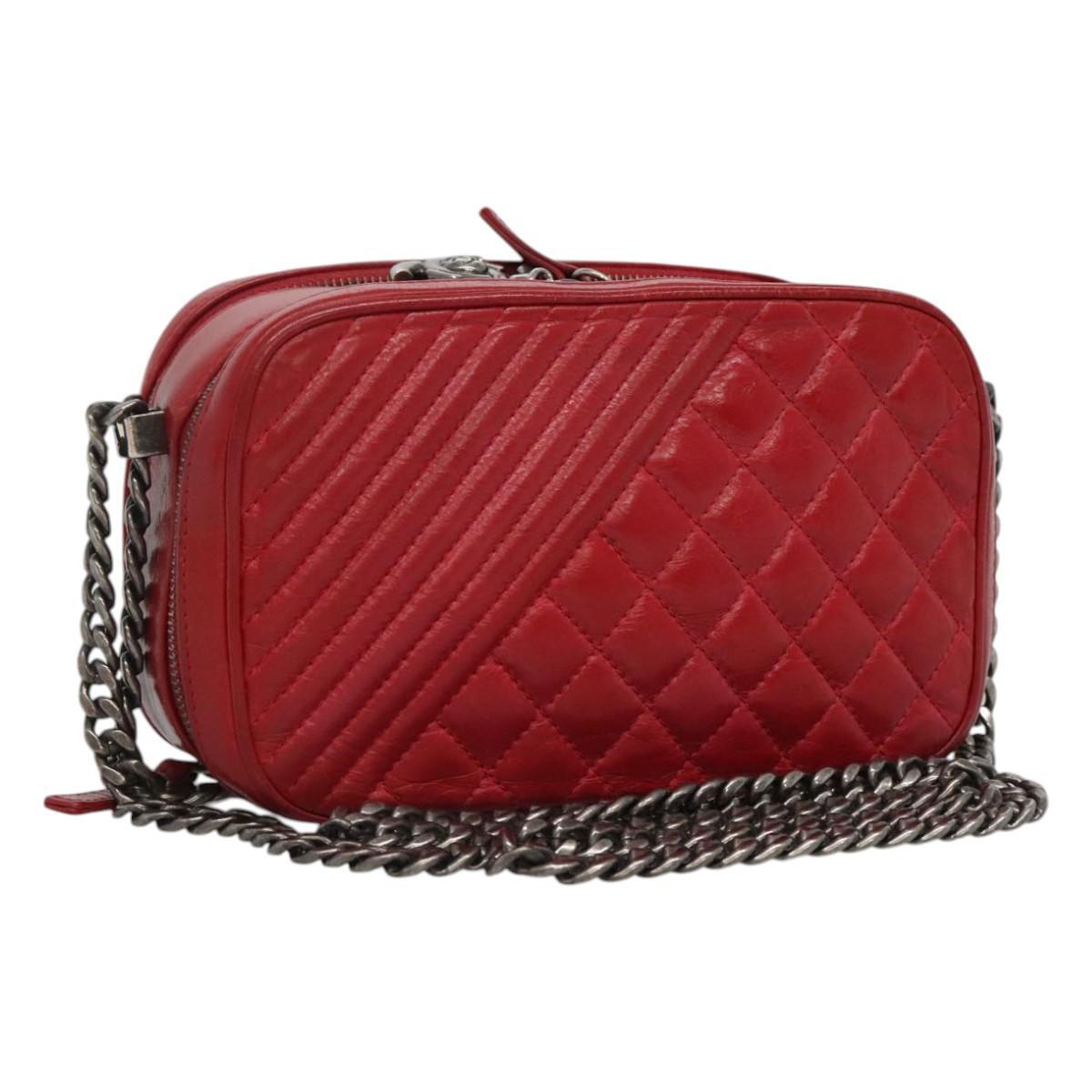 Chanel Coco Boy Camera Bag Quilted Leather, RED, LEATHER, Crossbody bag