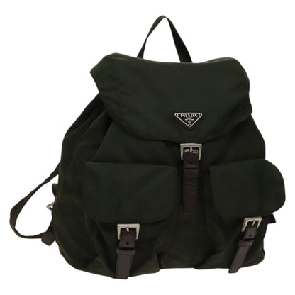 Prada Vela Double Front Pocket Backpack Tessuto with Saffiano Leather, Khaki, Nylon, Backpack