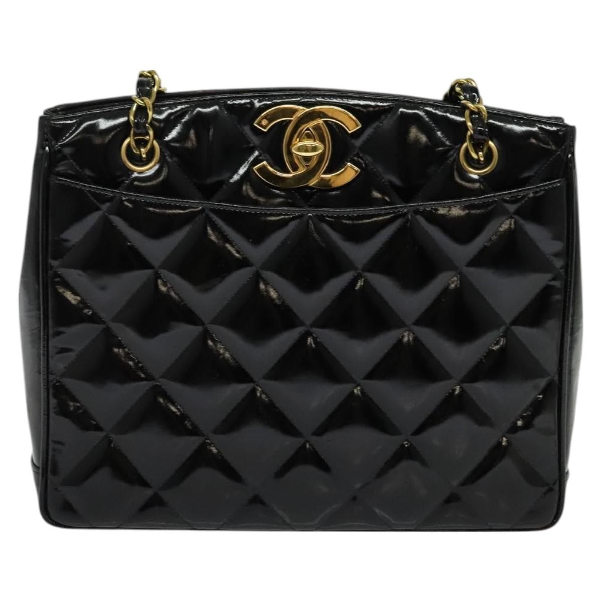 Chanel Vintage Chain Tote Quilted Patent, BLACK, LEATHER, Shoulder bag