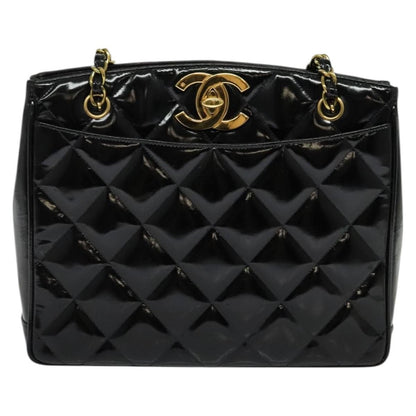 Chanel Vintage Chain Tote Quilted Patent, BLACK, LEATHER, Shoulder bag