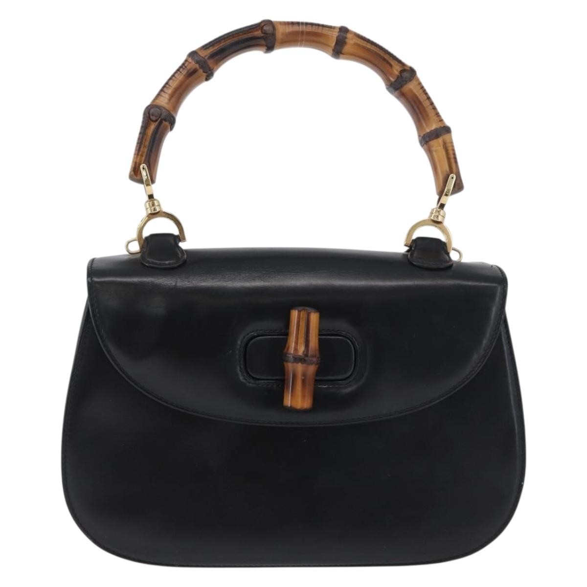 Gucci Vintage Convertible Bamboo Top Handle Bag Leather, BLACK, LEATHER, Handbag