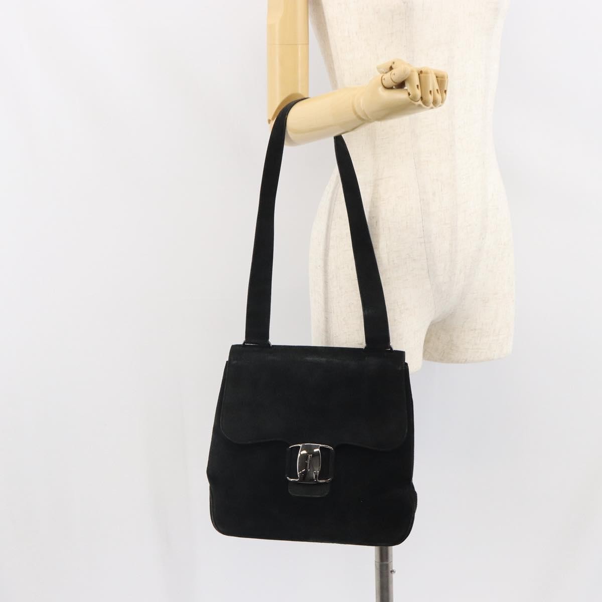 Salvatore Ferragamo Vala Shoulder Bag Suede, BLACK, SUEDE, Shoulder bag