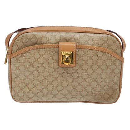 Celine Vintage Macadam Shoulder Bag Canvas and Leather, BEIGE, CANVAS, Shoulder bag