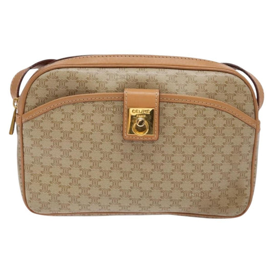 Celine Vintage Macadam Shoulder Bag Canvas and Leather, BEIGE, CANVAS, Shoulder bag