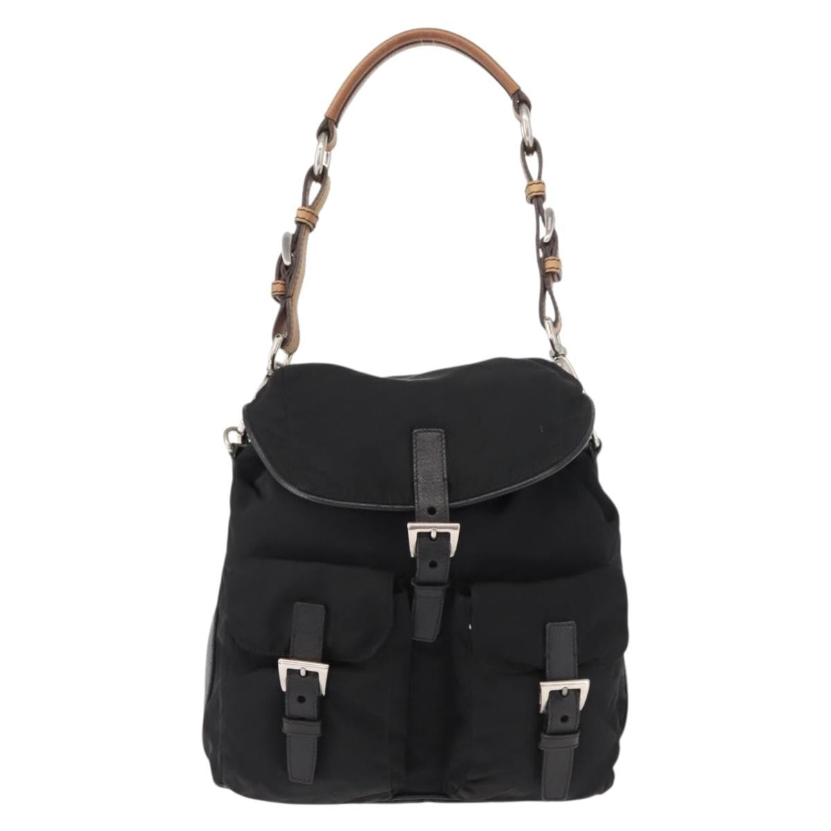 Prada Double Pocket Drawstring Shoulder Bag Tessuto, Black, Nylon, Shoulder Bag