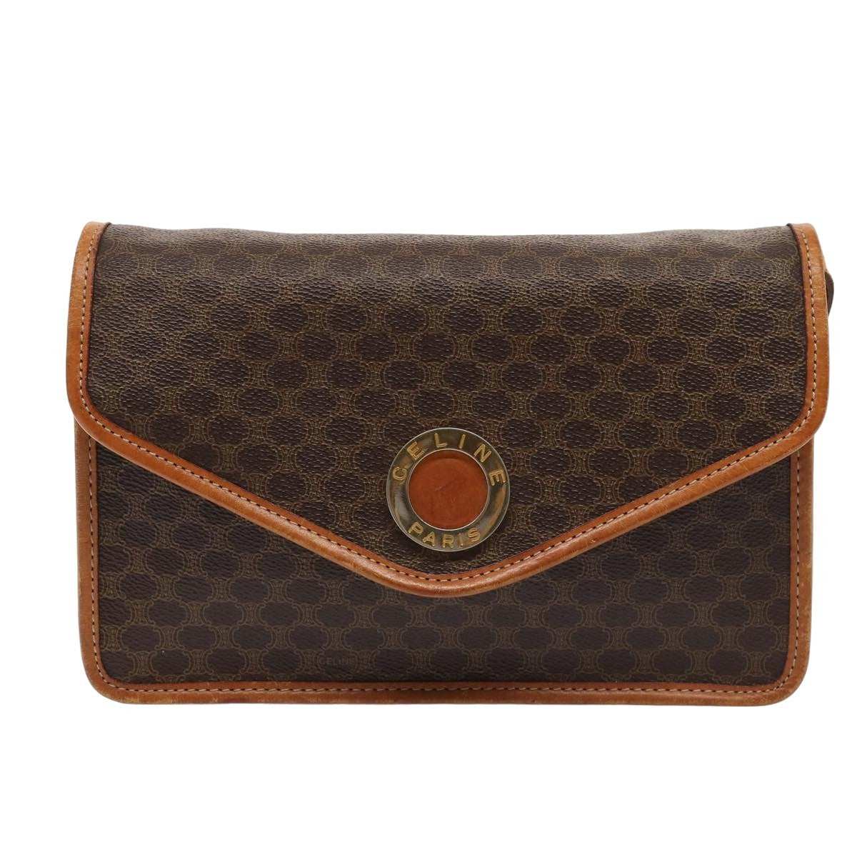 Celine Vintage Macadam Circle Logo Shoulder Bag Canvas and Leather, BROWN, CANVAS, Shoulder bag