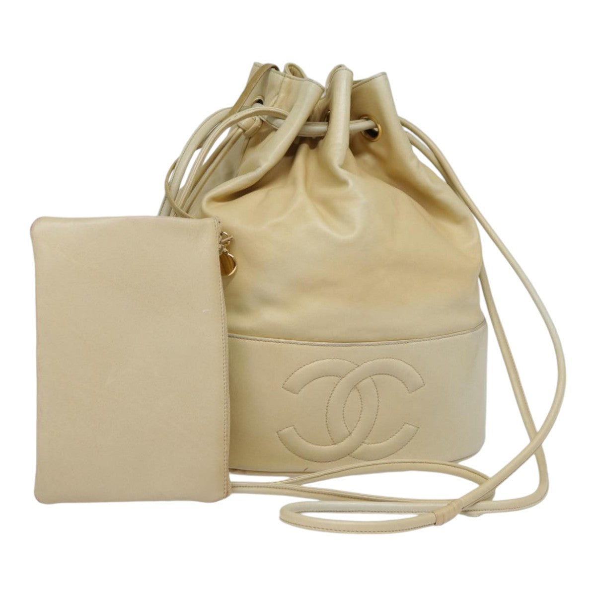 Chanel Vintage CC Drawstring Bucket Bag Lambskin, BEIGE, LEATHER, Shoulder bag