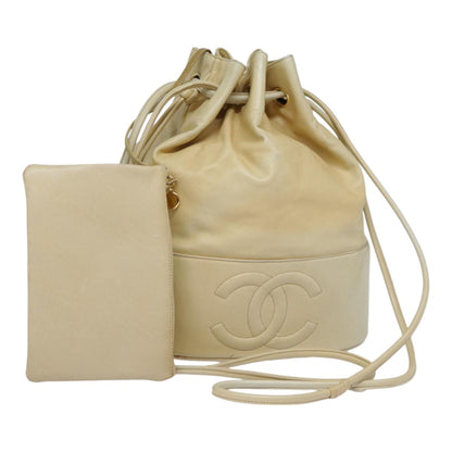 Chanel Vintage CC Drawstring Bucket Bag Lambskin, BEIGE, LEATHER, Shoulder bag