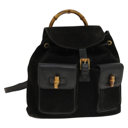 Gucci Vintage Bamboo Backpack Suede and Leather, Black, Suede, Backpack