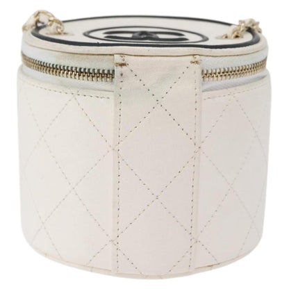 Chanel CC Round Vanity Case with Chain Quilted Lambskin, White, Leather, Clutch