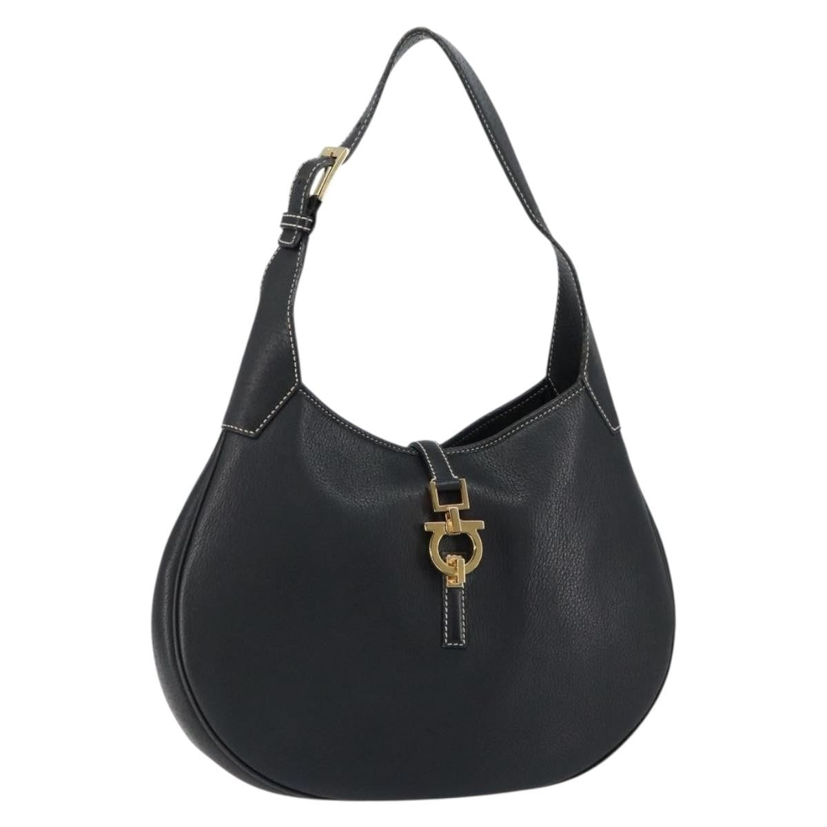 Salvatore Ferragamo Gancini Shoulder Bag Leather, BLACK, LEATHER, Shoulder bag