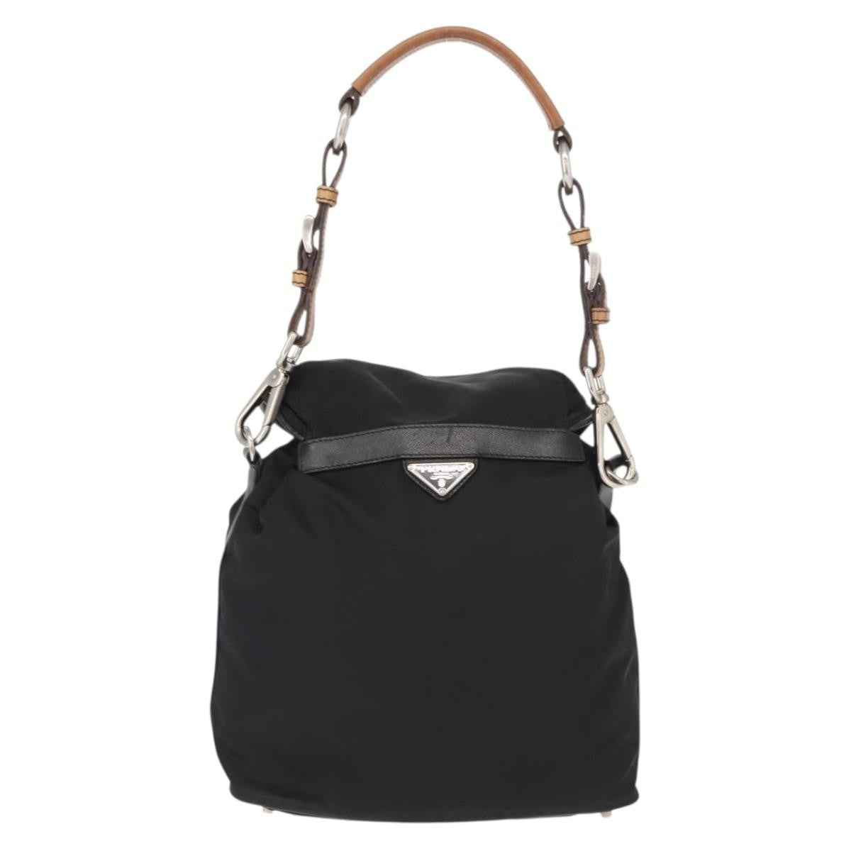 Prada Double Pocket Drawstring Shoulder Bag Tessuto, Black, Nylon, Shoulder Bag