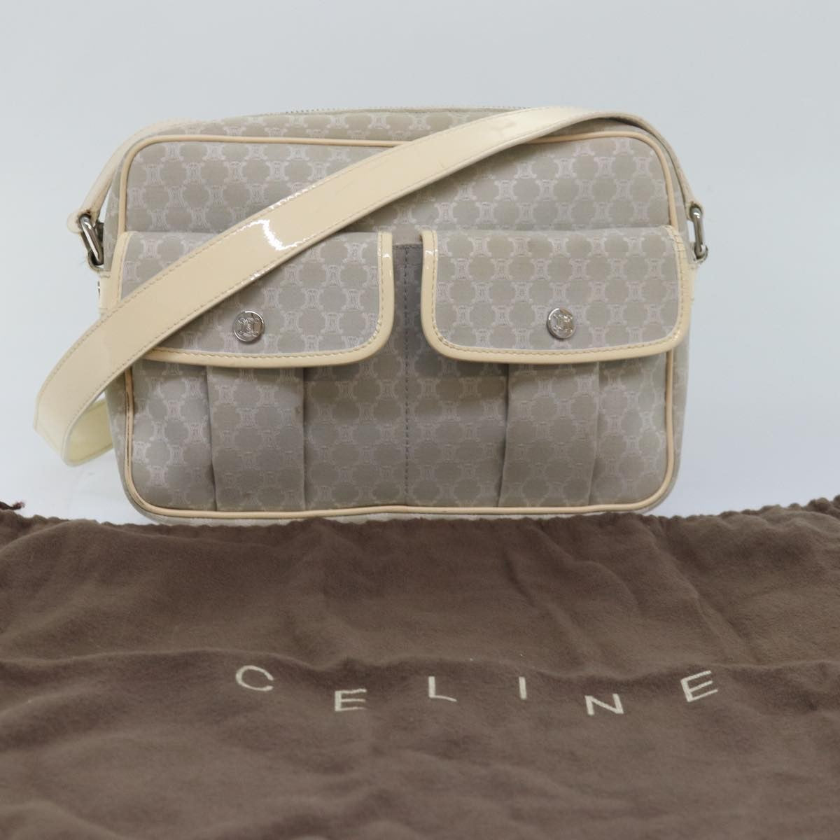 Celine Vintage Macadam Shoulder Bag Canvas and Leather, GRAY, CANVAS, Shoulder bag