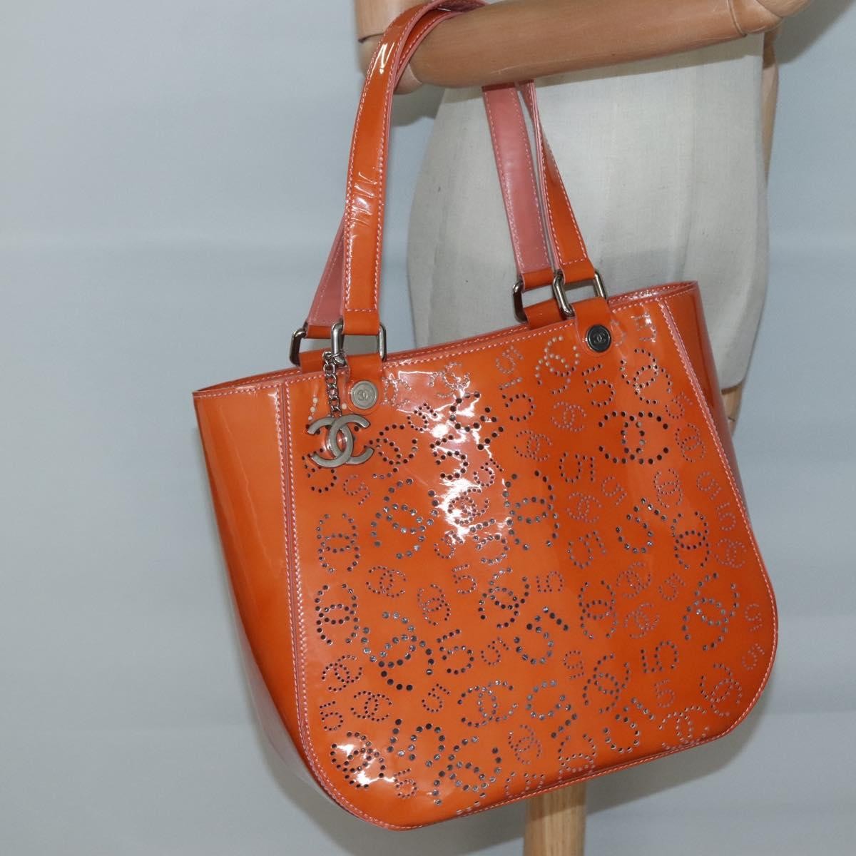 Chanel CC No.5 Shopping Tote Perforated Patent, Orange, Patent Leather, Tote Bag